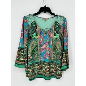 Figueroa & Flower Blouse Womens Medium Teal Paisley Excellent Lace Up Boho Top